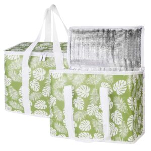 bodaon 2-pack insulated reusable grocery shopping bags, x-large picnic cooler bag with zipper zippered top cold, green-leaf