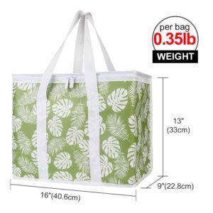 Bodaon 2-Pack Insulated Reusable Grocery Shopping Bags, X-Large Picnic Cooler Bag with Zipper Zippered Top Cold, Green-Leaf