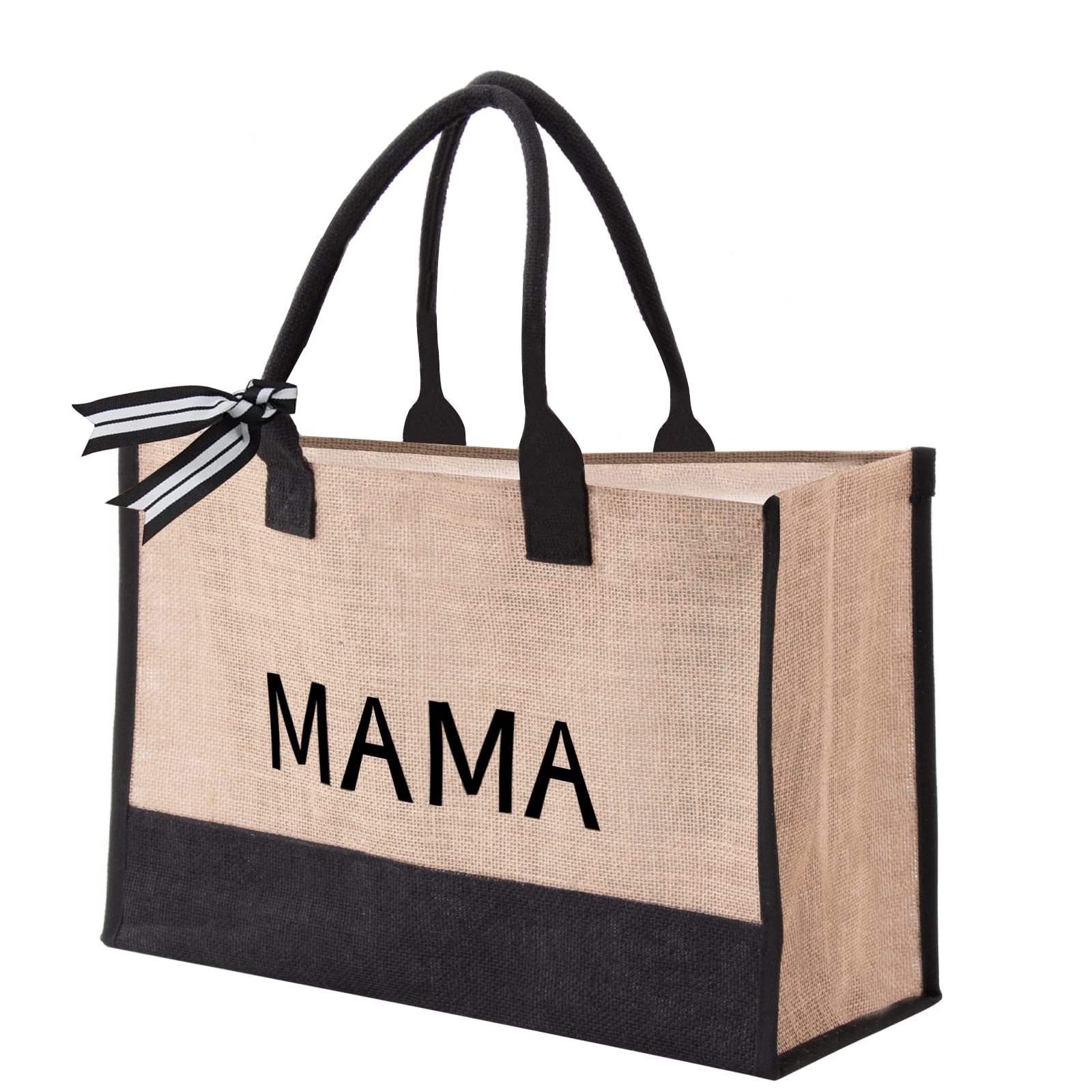 TINSKY Personalized Mom Gift Bag Initial Jute Tote Bag for Women Monogrammed Burlap Tote Bag with Handles for Mother Birthday Thanksgiving Day Gifts