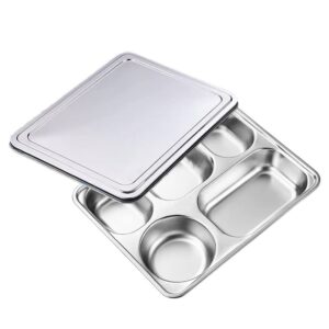 tofficu portion control divided bento box: stainless steel diet plates dinner tray with lid food separator dish food control tray for kids adult dessert lunch pasta sauce