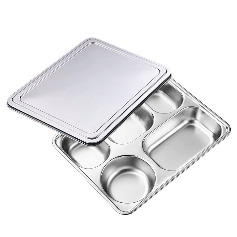 Tofficu Portion Control Divided Bento Box: Stainless Steel Diet Plates Dinner Tray with Lid Food Separator Dish Food Control Tray for Kids Adult Dessert Lunch Pasta Sauce