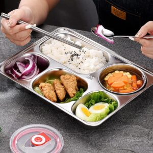 Tofficu Portion Control Divided Bento Box: Stainless Steel Diet Plates Dinner Tray with Lid Food Separator Dish Food Control Tray for Kids Adult Dessert Lunch Pasta Sauce