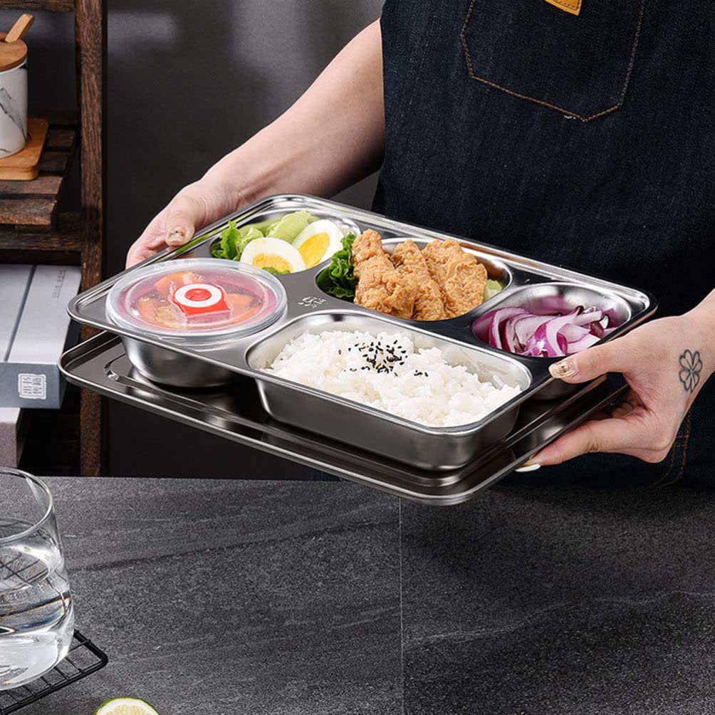 Tofficu Portion Control Divided Bento Box: Stainless Steel Diet Plates Dinner Tray with Lid Food Separator Dish Food Control Tray for Kids Adult Dessert Lunch Pasta Sauce