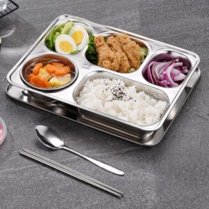 Tofficu Portion Control Divided Bento Box: Stainless Steel Diet Plates Dinner Tray with Lid Food Separator Dish Food Control Tray for Kids Adult Dessert Lunch Pasta Sauce