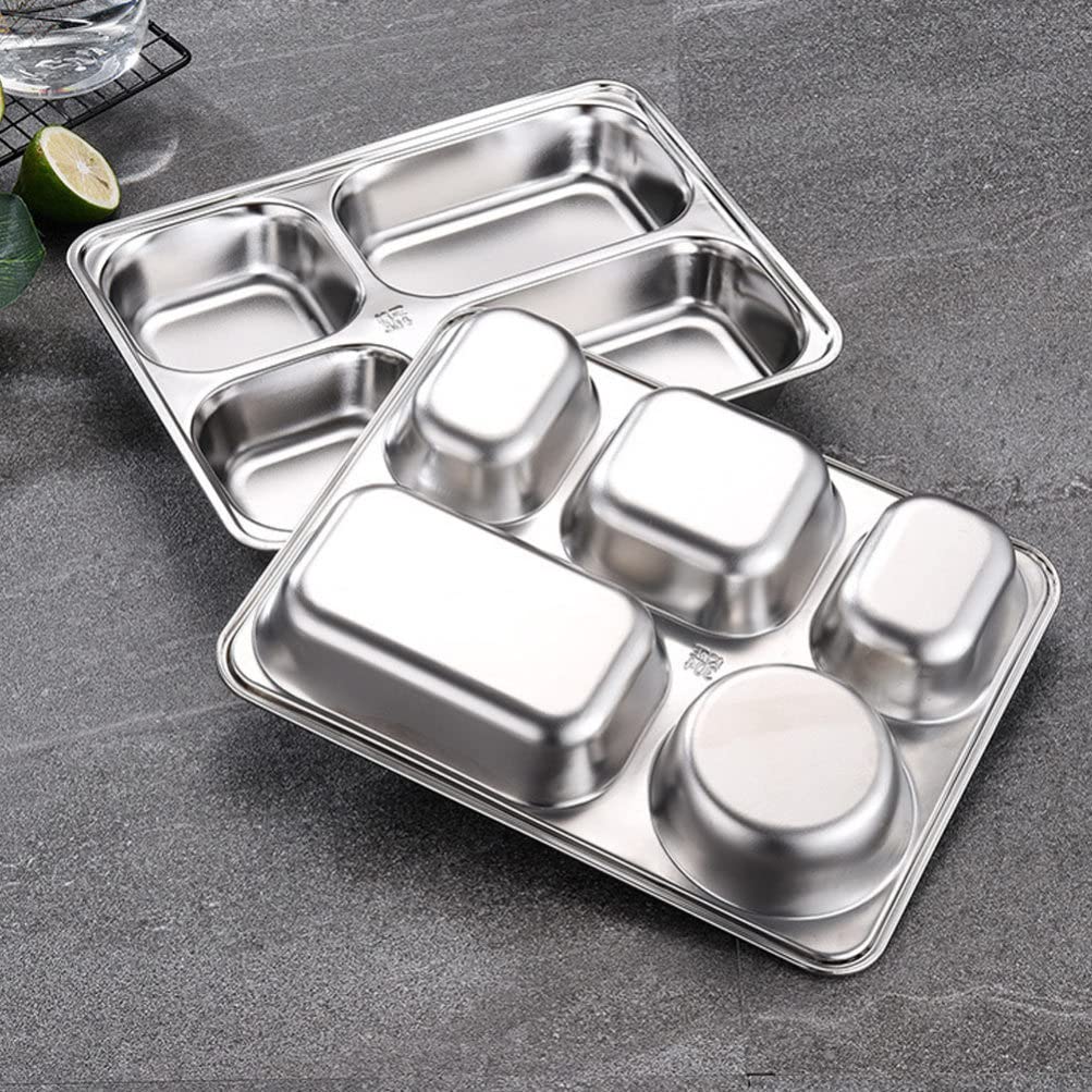 Tofficu Portion Control Divided Bento Box: Stainless Steel Diet Plates Dinner Tray with Lid Food Separator Dish Food Control Tray for Kids Adult Dessert Lunch Pasta Sauce