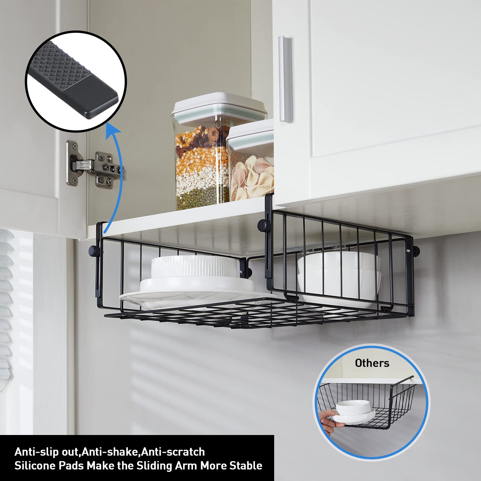 AmonHouseware 2 Pack Hanging Under Shelf Storage Basket,Adjustable Under Cabinet Add-on Storage Racks Slide-in Baskets Organizer for Laundry Room Kitchen Pantry Desk Bookshelf, Black