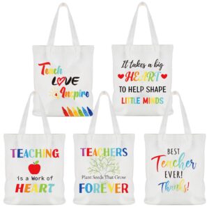 saintrygo 5 pieces christmas teacher gifts teacher canvas tote bags appreciation gifts for teachers day grocery bag with pocket(mixed style)