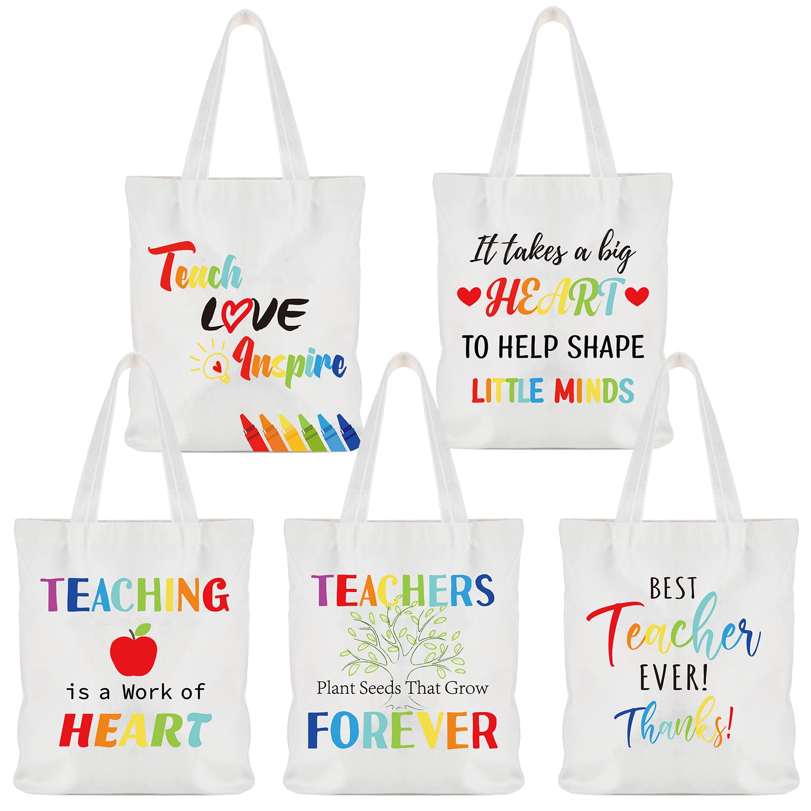 Saintrygo 5 Pieces Christmas Teacher Gifts Teacher Canvas Tote Bags Appreciation Gifts for Teachers Day Grocery Bag with Pocket(Mixed Style)