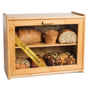 laura's green kitchen large bread box with clear front window - bamboo wood - farmhouse style - double layer storage bin holds 2 loaves - fully assembled