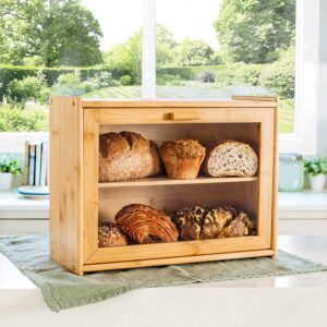 Laura's Green Kitchen Large Bread Box with Clear Front Window - Bamboo Wood - Farmhouse Style - Double Layer Storage Bin Holds 2 Loaves - Fully Assembled