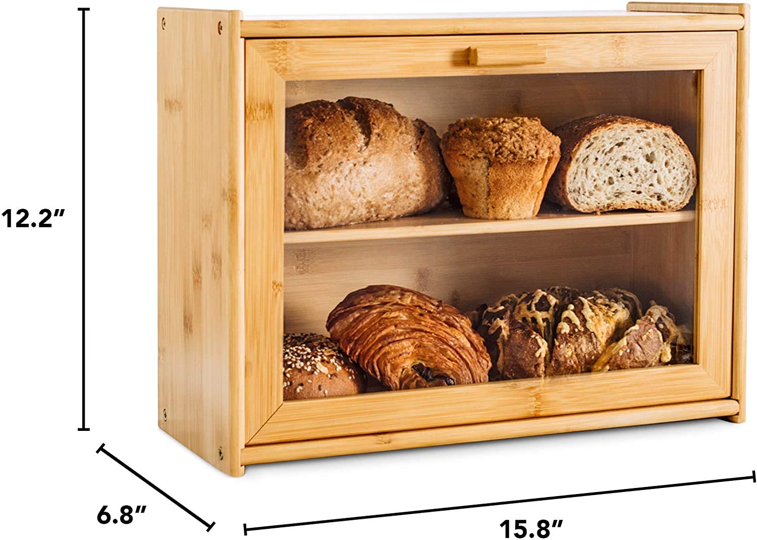 Laura's Green Kitchen Large Bread Box with Clear Front Window - Bamboo Wood - Farmhouse Style - Double Layer Storage Bin Holds 2 Loaves - Fully Assembled