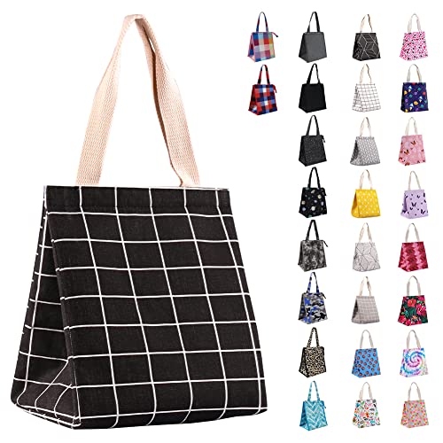 iknoe Insulated Lunch Bag for Women, Durable Wide-Open Foldable & Portable Lunch Tote with Interior Pockets, Water-resistant Thermal Lunch Cooler for Adults Picnic Beach-Black Plaid