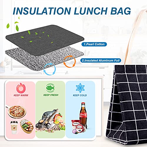 iknoe Insulated Lunch Bag for Women, Durable Wide-Open Foldable & Portable Lunch Tote with Interior Pockets, Water-resistant Thermal Lunch Cooler for Adults Picnic Beach-Black Plaid