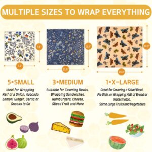 Reusable Beeswax Wrap - 9 Pack Beeswax Wraps for Food, Eco-Friendly Beeswax Food Wraps, Bread Sandwich Wrapper - Organic, Sustainable, Zero Waste, Reusable Plastic-Free Food Storage Wrap, 1XL, 3M, 5S