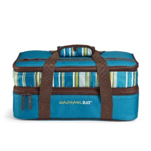 rachael ray expandable insulated casserole carrier for hot or cold food, thermal lasanga lugger tote for pockluck, parties, picnic, and cookouts, fits 9" x 13" baking dish, marine blue stripe