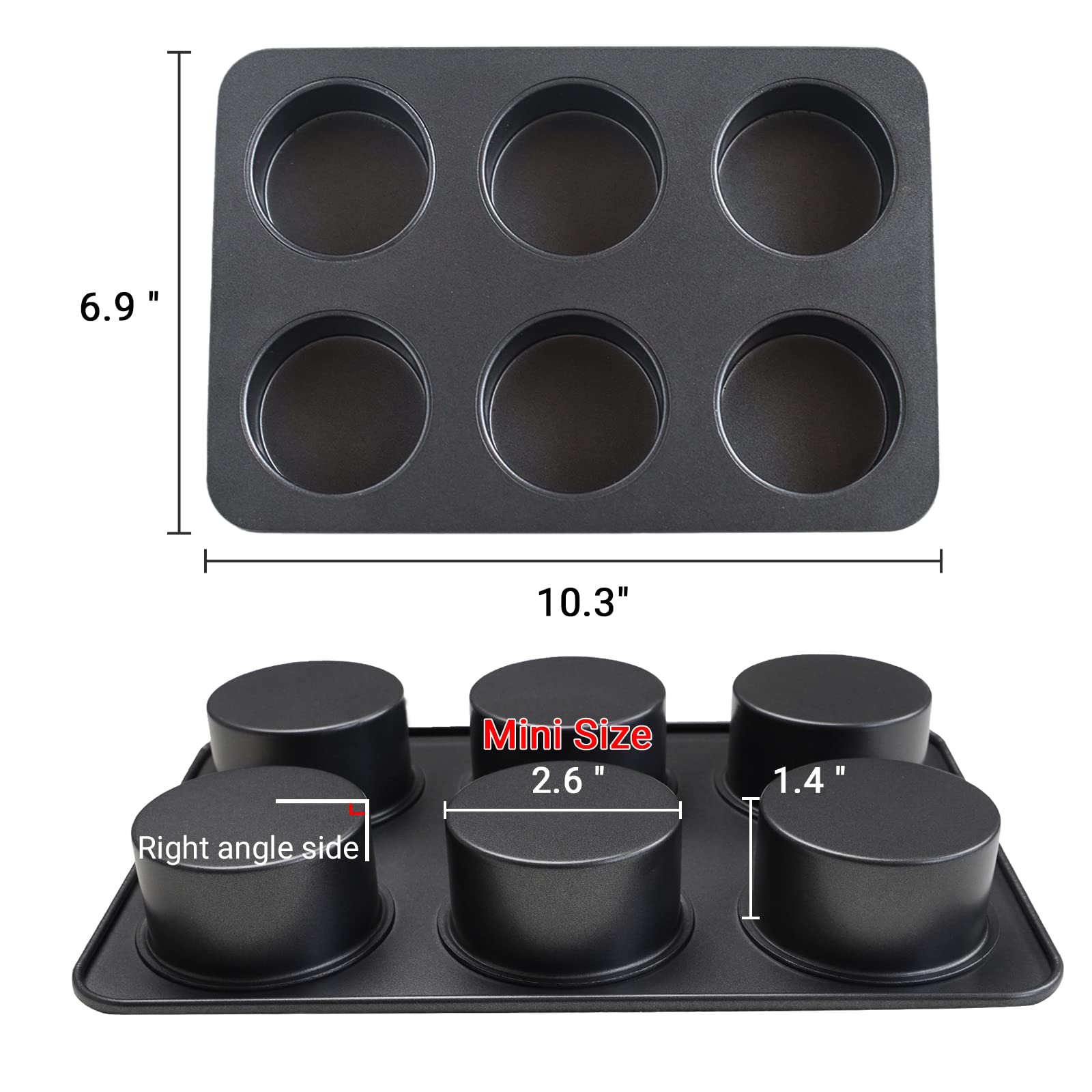 Elesinsoz 6 Cup Straight Edge 2.6 inch Muffin Cupcake Pan Nonstick Whoopie Pie Egg Frittata Cornbread Quiche Cheesecake Biscuit Cake Baking Tin Tray Mold for Toaster Oven Air Fryer