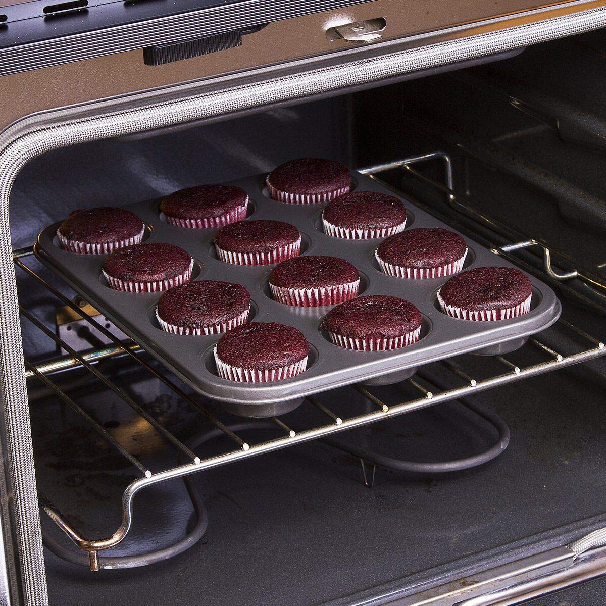 12 Cups Muffin and Cupcake Pan, Nonstick Brownie Cake Pan, Carbon Steel bakeware for Oven Baking Gray