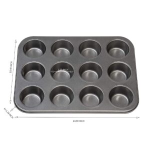 12 Cups Muffin and Cupcake Pan, Nonstick Brownie Cake Pan, Carbon Steel bakeware for Oven Baking Gray