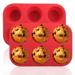 2pcs silicone muffin pans non-stick cupcake pan 6 cup mini muffin pan,reusable muffin baking silicone mol ds,muffin tin for muffin,cupcake,brownie,2 trays overlapped(red,size:9.45x6.5x1.57inch)