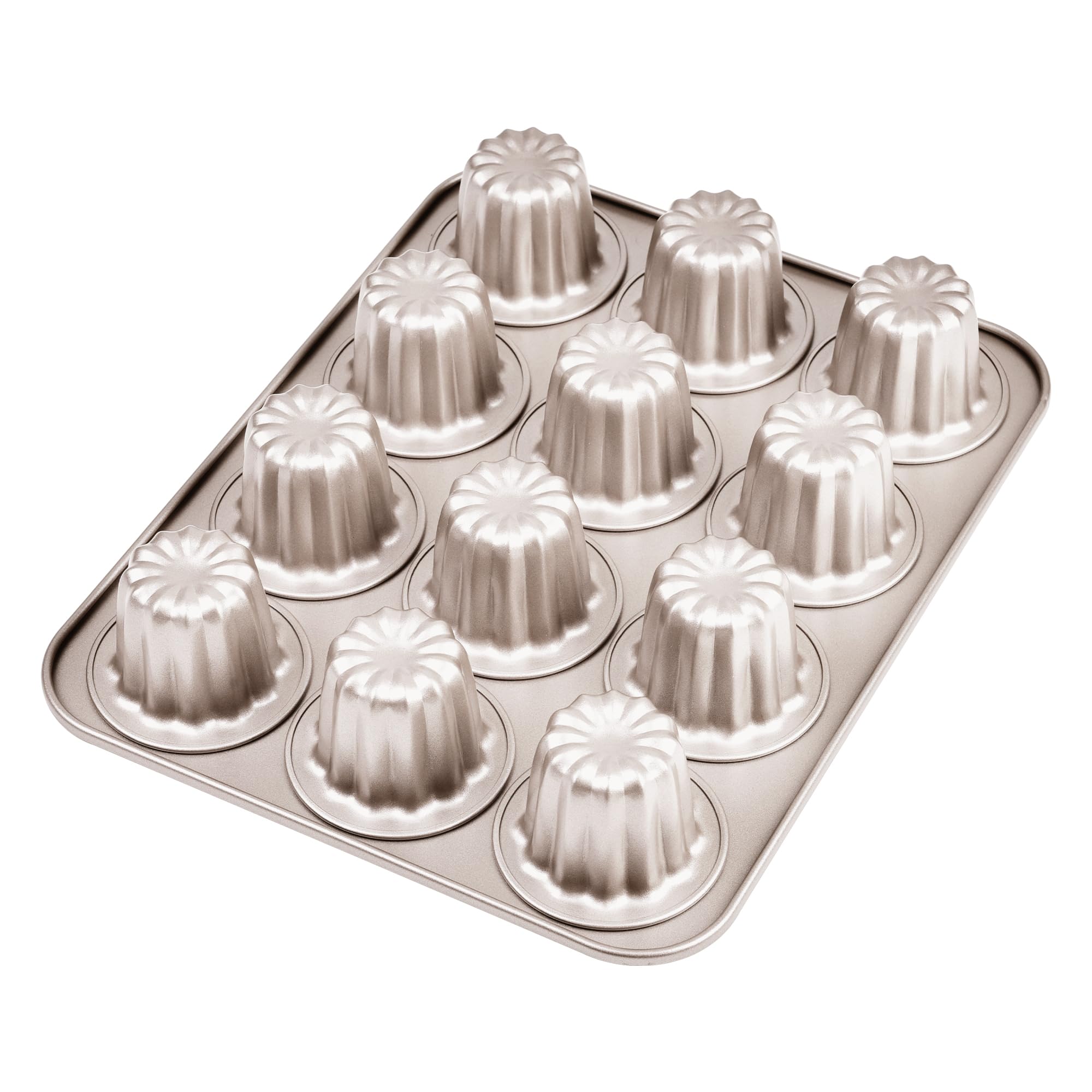 Bakeley 12 Canele Mold Cake Pan Non-Stick Canele Muffin Bakeware Cupcake Pan for Oven Baking (Champagne Gold)