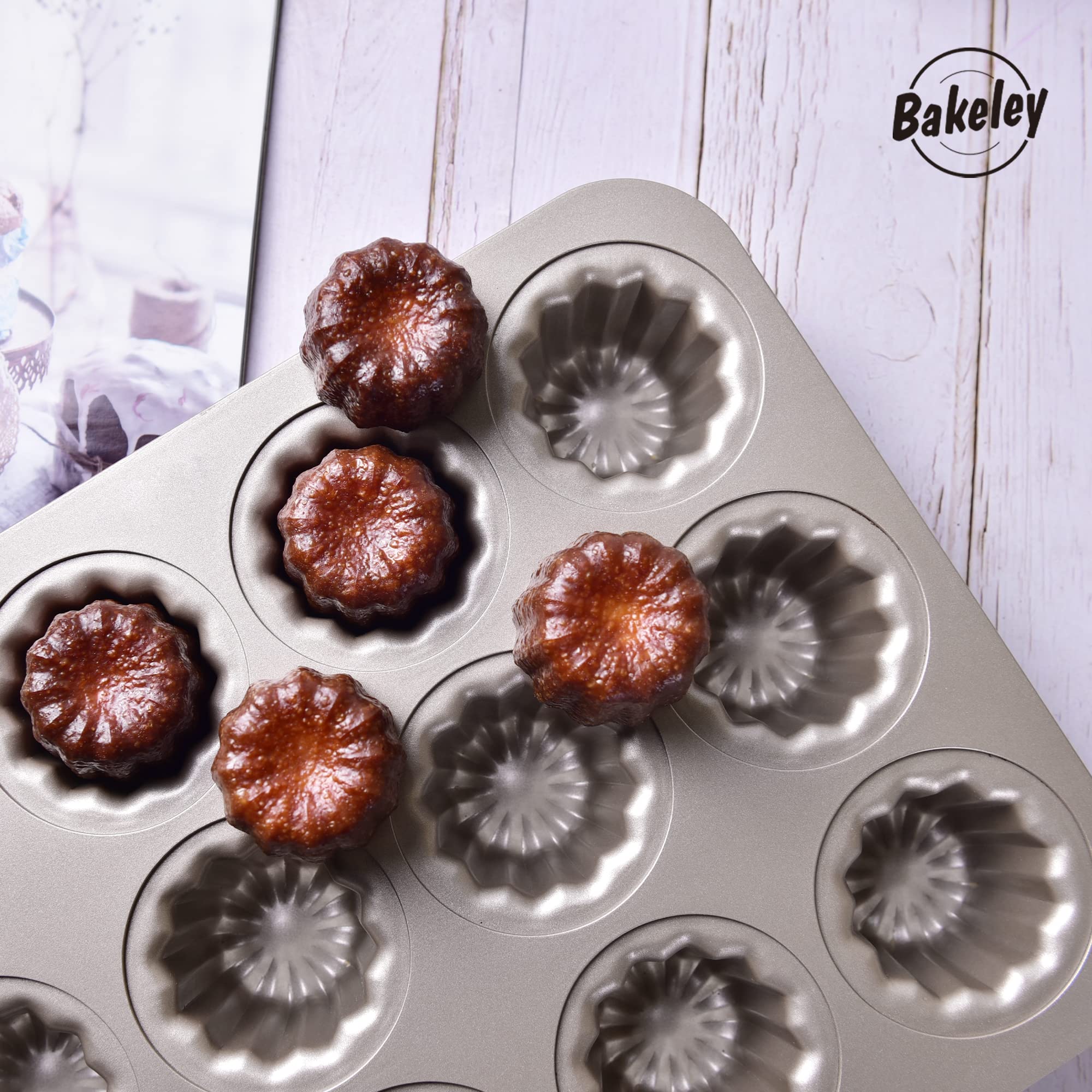 Bakeley 12 Canele Mold Cake Pan Non-Stick Canele Muffin Bakeware Cupcake Pan for Oven Baking (Champagne Gold)