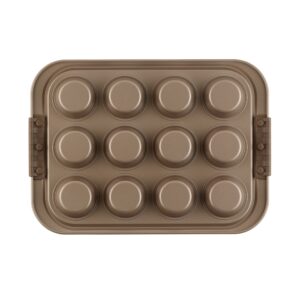 Anolon Bronze Nonstick 12-Cup Muffin Tin With Silicone Grips and Lid / Nonstick 12-Cup Cupcake Tin With Silicone Grips and Lid - 12 Cup, Brown