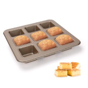 brownie pan, 9-cavity non-stick brownie pans square muffin pan, heavy-weight carbon steel bakeware for oven baking, 11"x 11" x 1.6", champagne gold