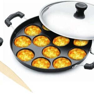 YADNESH Nonstick Aluminum Appam Pan, 12 Pits, Includes Lid, Easy to Clean, Dimension: Length 9", Width 9", Height 2"