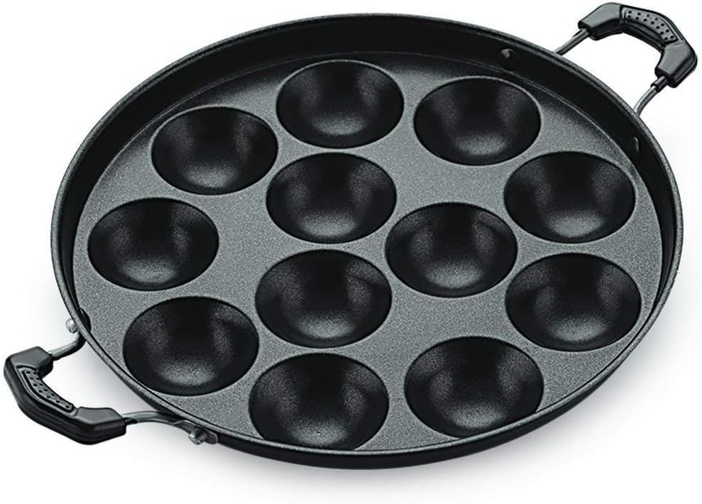YADNESH Nonstick Aluminum Appam Pan, 12 Pits, Includes Lid, Easy to Clean, Dimension: Length 9", Width 9", Height 2"
