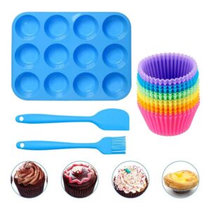 swiftrans silicone muffin pan cupcake set,non stick, bpa free12 cups muffin baking pan,silicone baking molds set with 1 scraper,1 brush and 12 muffin cups