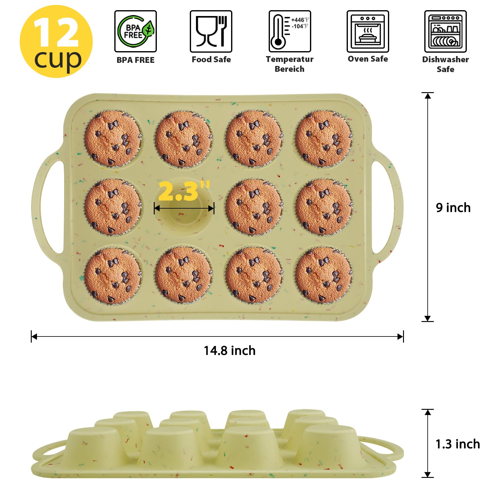 Luckypai Silicone Muffin Pan Cupcake Pan Molds for Baking 12 Cups Stainless Steel Bowl，Muffin Molder for Muffins and Cupcakes—Cupcake silicone molder