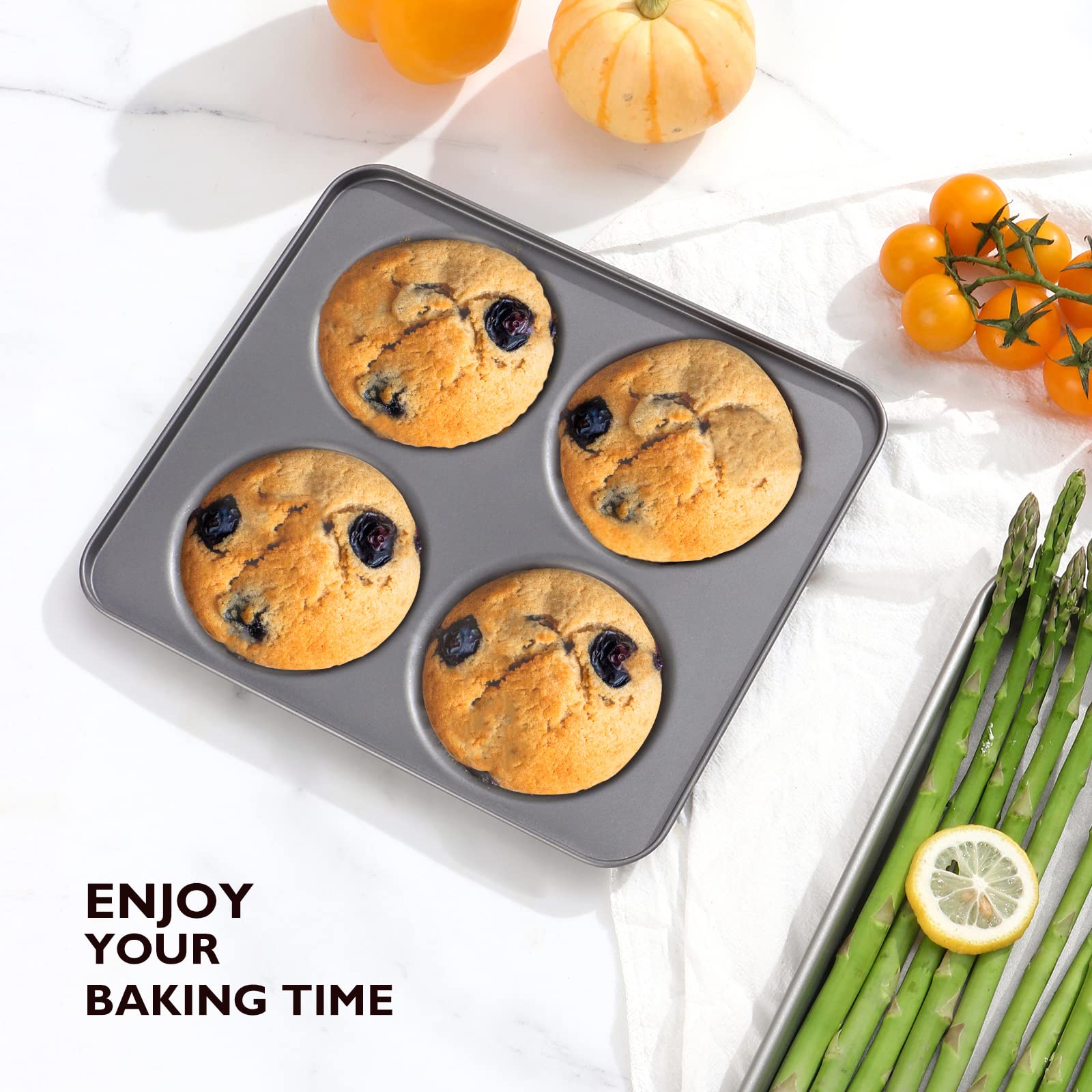 HONGBAKE 2 Pack 4-Cup Large Muffin Top Pan Set of 2 and 8-Cavity Mini Loaf Baking Pan