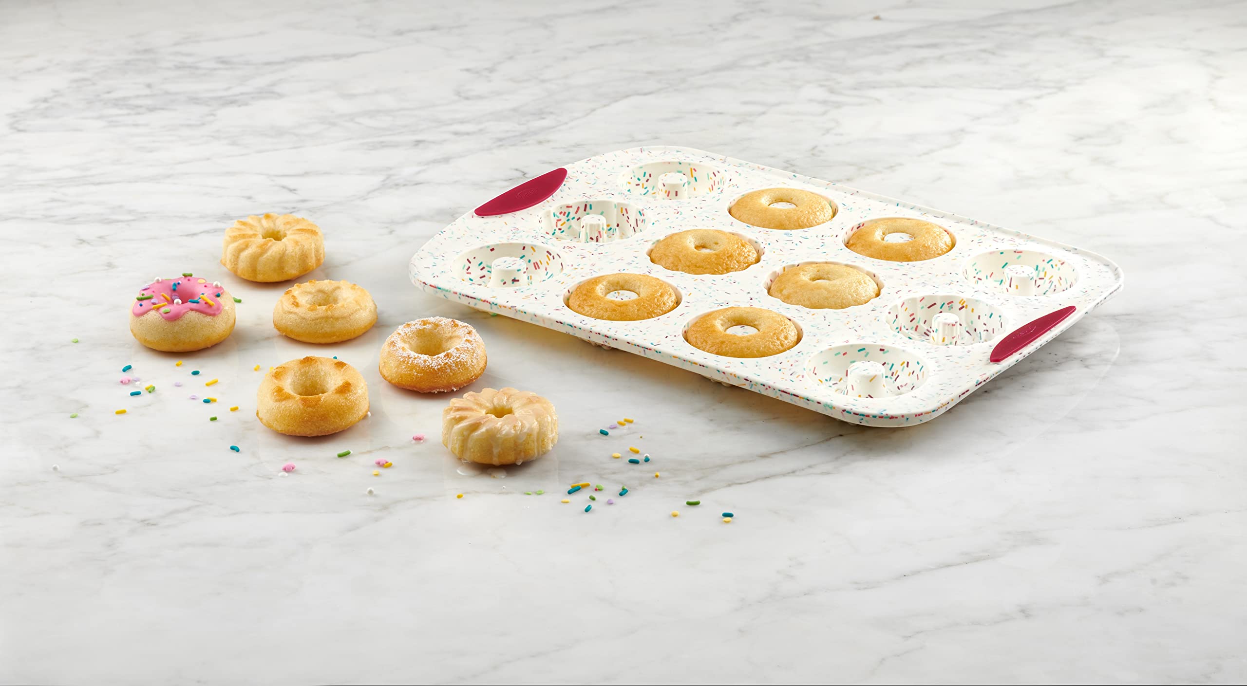 Trudeau Decorated Donut Pan-White Confetti/Fuchsia, 12 Cavity