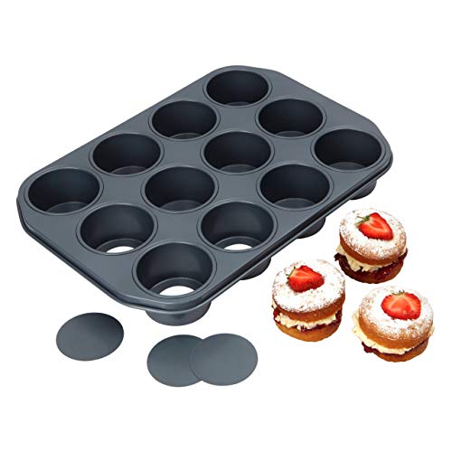 Baker's Pride 3-inch x 1.75-inch Heavy Gauge Non Stick Professional 12-Piece Cup Dessert Pan with Loose Bases