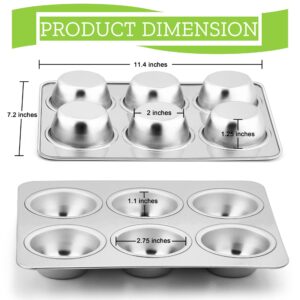 Herogo 2 Pack Stainless Steel Muffin Pan Tin for Baking, 6-Cup Metal Nonstick Cupcake Molds Tray Set for Making Egg Muffin, Mini Brownie, Easy to Clean & Quick Release, Oven & Dishwasher Safe