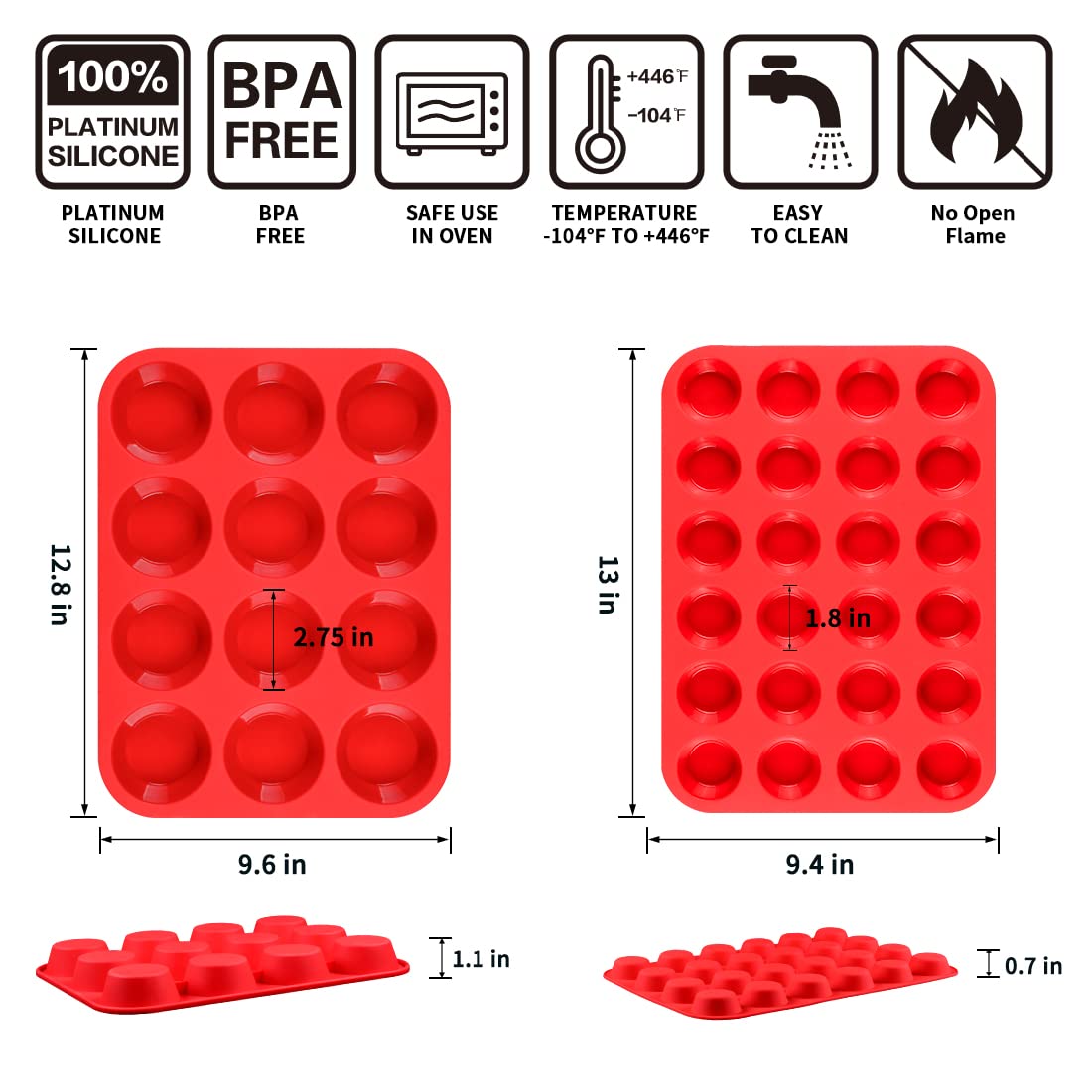 CAKETIME Silicone Muffin Pan, Mini Muffin Pan, Regular 12 Cups and Mini 24 Cups Muffin Pan Set of 2 for Baking Egg Bites