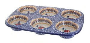 blue rose polish pottery red daisy muffin pan