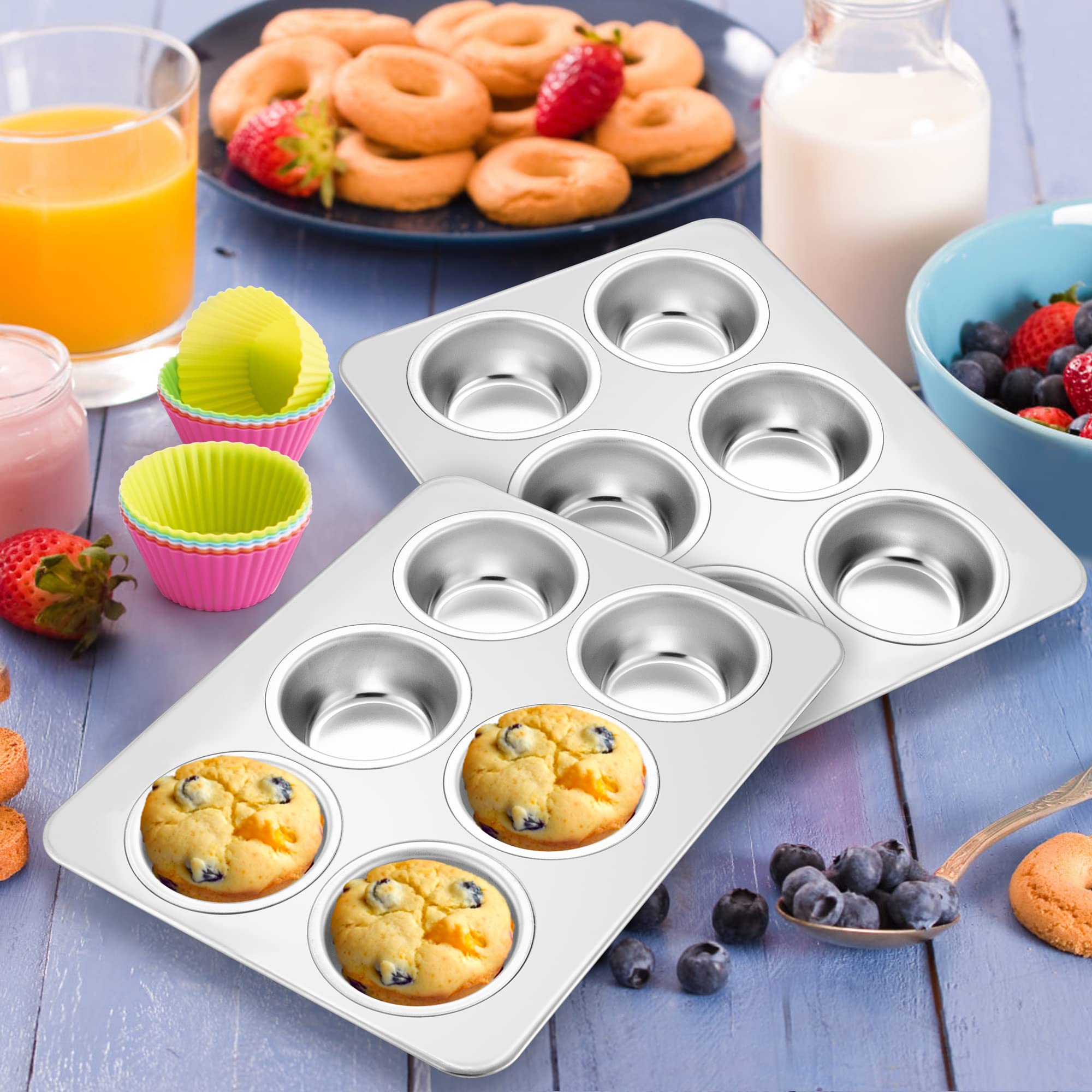 LIANYU Muffin Cupcake Pan Set of 2, Nonstick Muffin Pans Tin 6 Cups, Stainless Steel Dessert Muffin Top Pan Tray for Baking Oven, & Dishwasher Safe