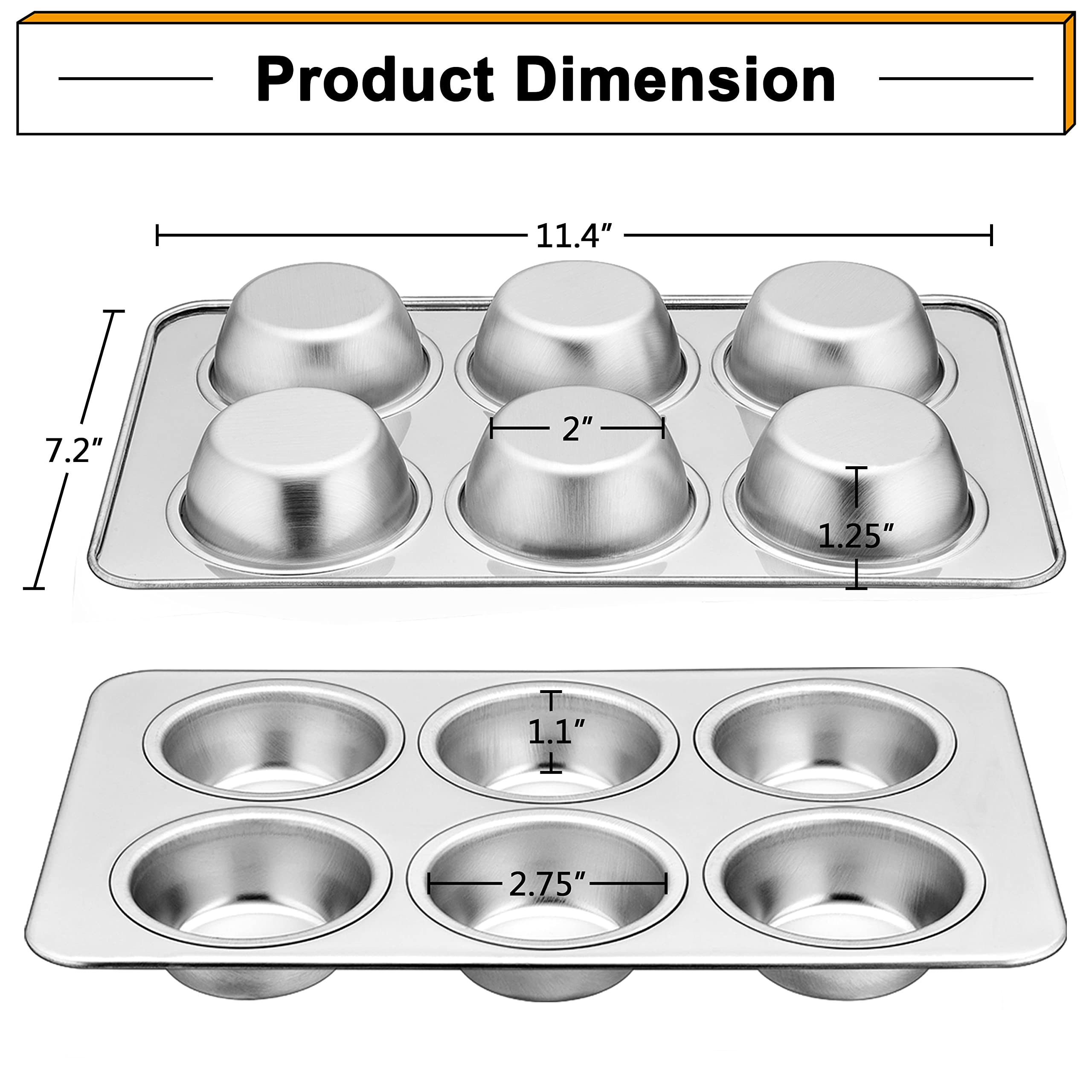 LIANYU Muffin Cupcake Pan Set of 2, Nonstick Muffin Pans Tin 6 Cups, Stainless Steel Dessert Muffin Top Pan Tray for Baking Oven, & Dishwasher Safe