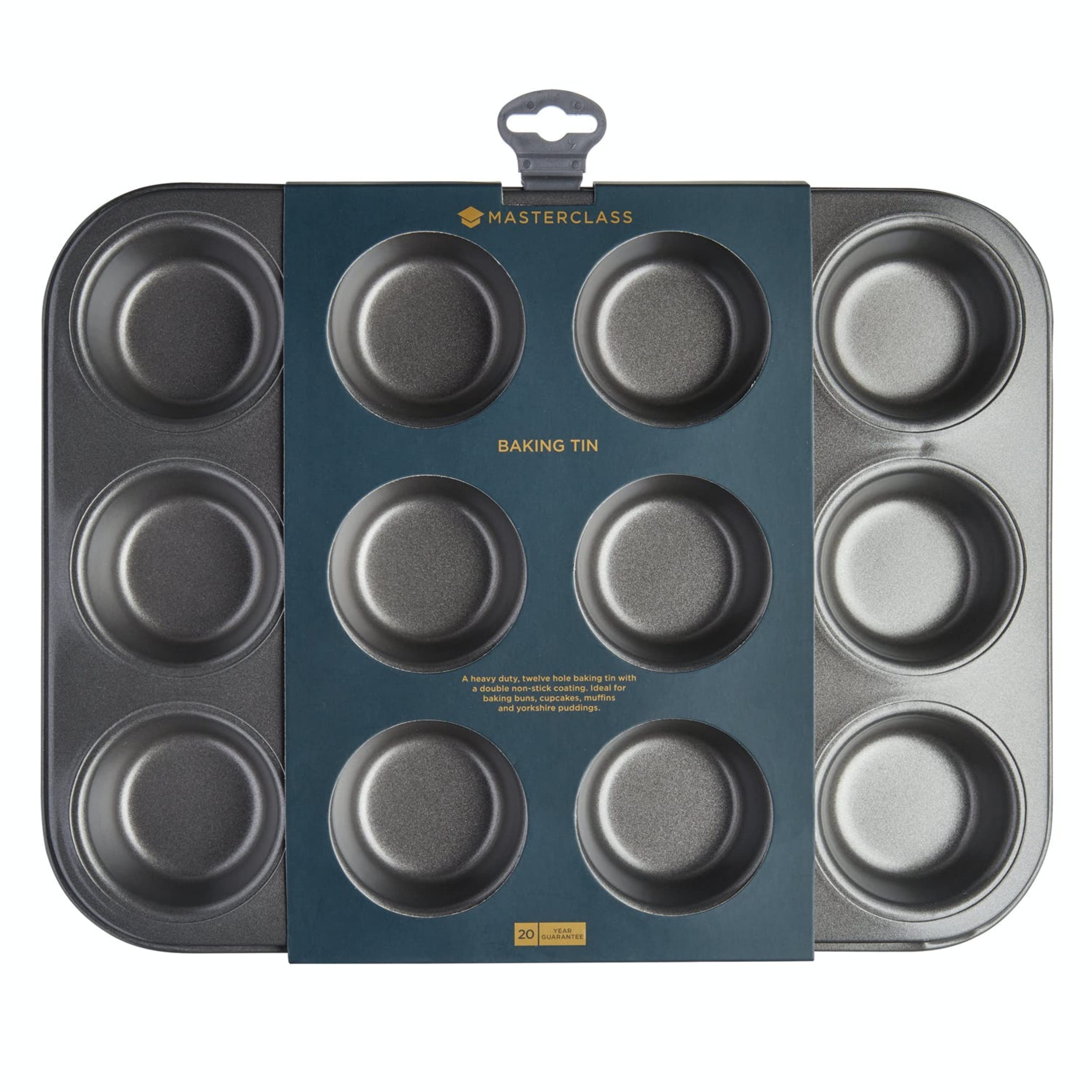 Masterclass Heavy Duty 12 Hole Cupcake Baking Tray Tin Pan with Double Layer Non-Stick Coating | Ideal for Baking Buns, Cupcakes, Yorkshire Puddings and Muffins