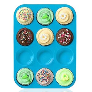 amison silicone muffin tray cupcake baking pan 12 cup, non - stick silicone mold, dishwasher - microwave safe (blue)