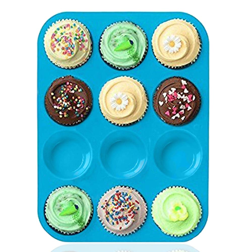 Amison Silicone Muffin Tray Cupcake Baking Pan 12 Cup, Non - Stick Silicone Mold, Dishwasher - Microwave Safe (Blue)