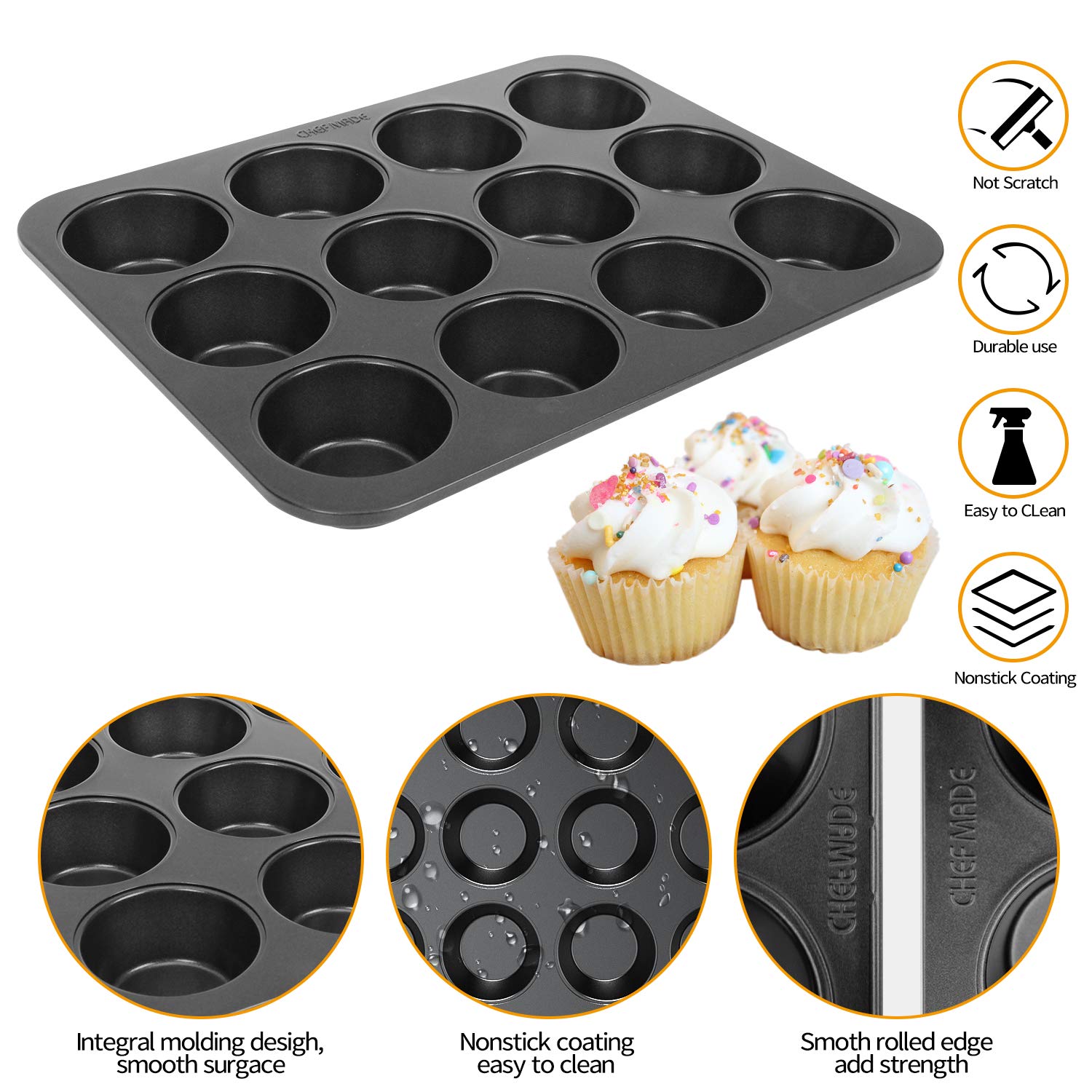 CHEFMADE 12 Cups Muffin Pan Set, 2 Packs Bakeware Non-Stick Cupcake Baking Pan Heavy Duty Carbon Steel Pan Muffin Tins Standard Baking Mold for Cakes