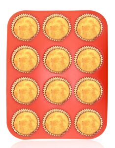 silicone muffin pan 12 cups, amison cupcake baking pan/tray, non-stick silicone mold, dishwasher - microwave safe (12 cups, red)