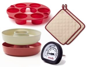 omnia baking add-ons bundle - muffin ring, silicone cake mold, thermometer and potholders