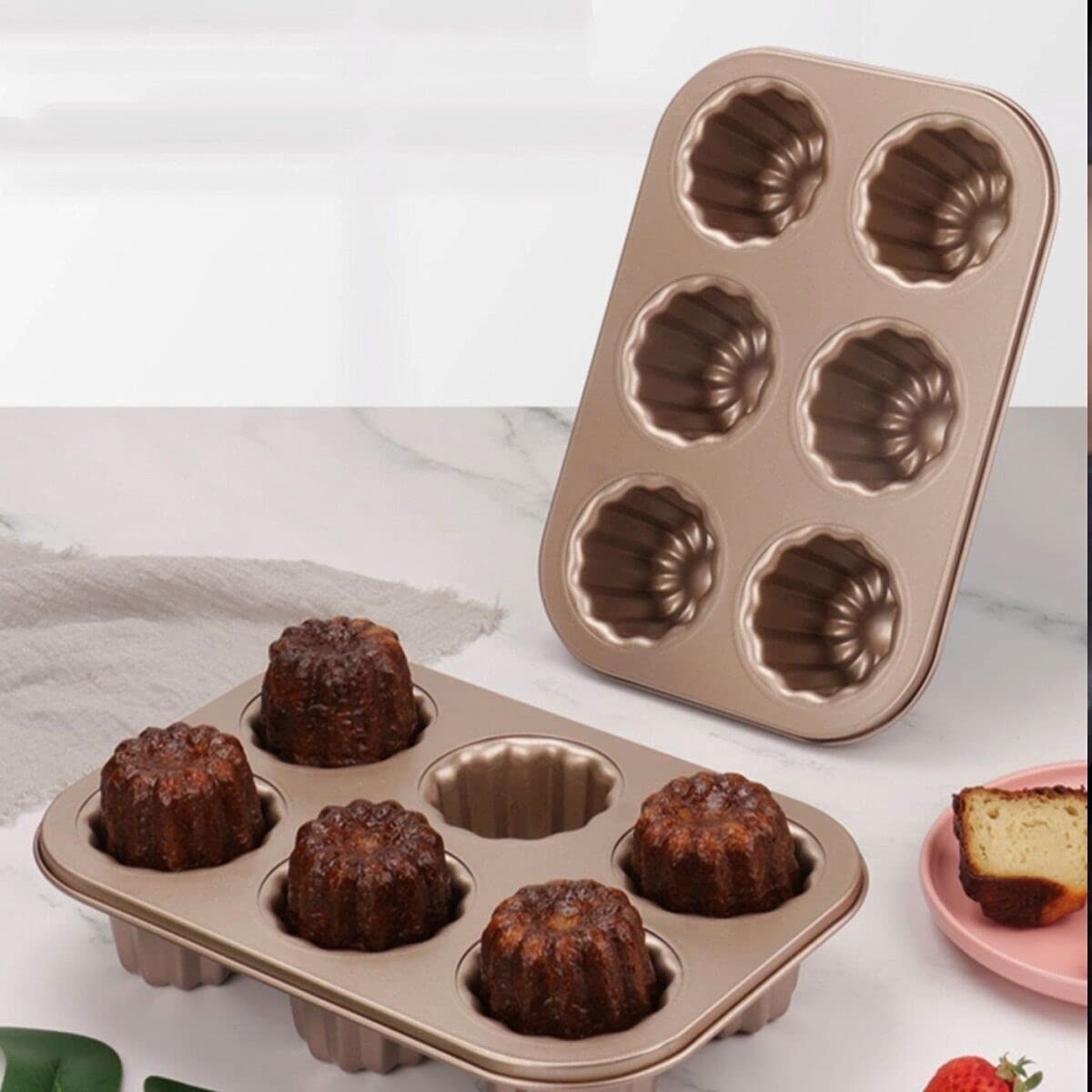 Kofebe Non-Stick Canele Mold Cake Pan, 6-Cavity Canele Baking Pan Muffin Bakeware Cupcake Pan for Oven Muffin Cake Mould