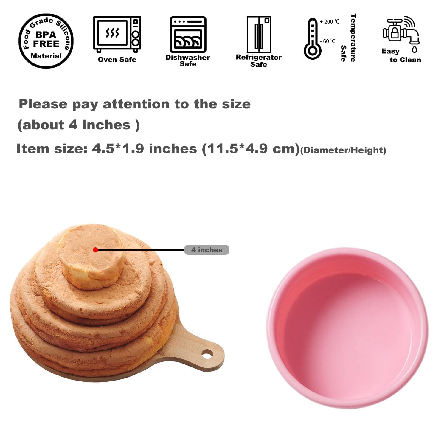 REKIDOOL Silicone Muffin Pans Cupcake Set,4 Inches Round Shaped Silicone Baking Pans Molds Nonstick Cupcake Liners Silicone Baking Cups (Pack of 4, Pink)