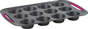 trudeau non stick carbon steel metal muffin pan, 12 count, grey