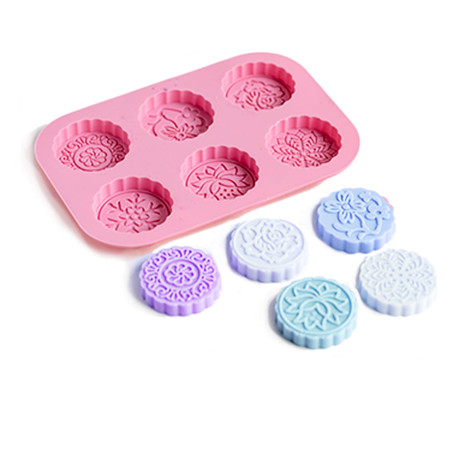 X-Haibei Round Flower Snowflake Mooncake Chocolate Lotion Bar Cookies Jello Cake Soap Silicone Mold Pan Dia. 2.5inch, 2oz per Cell