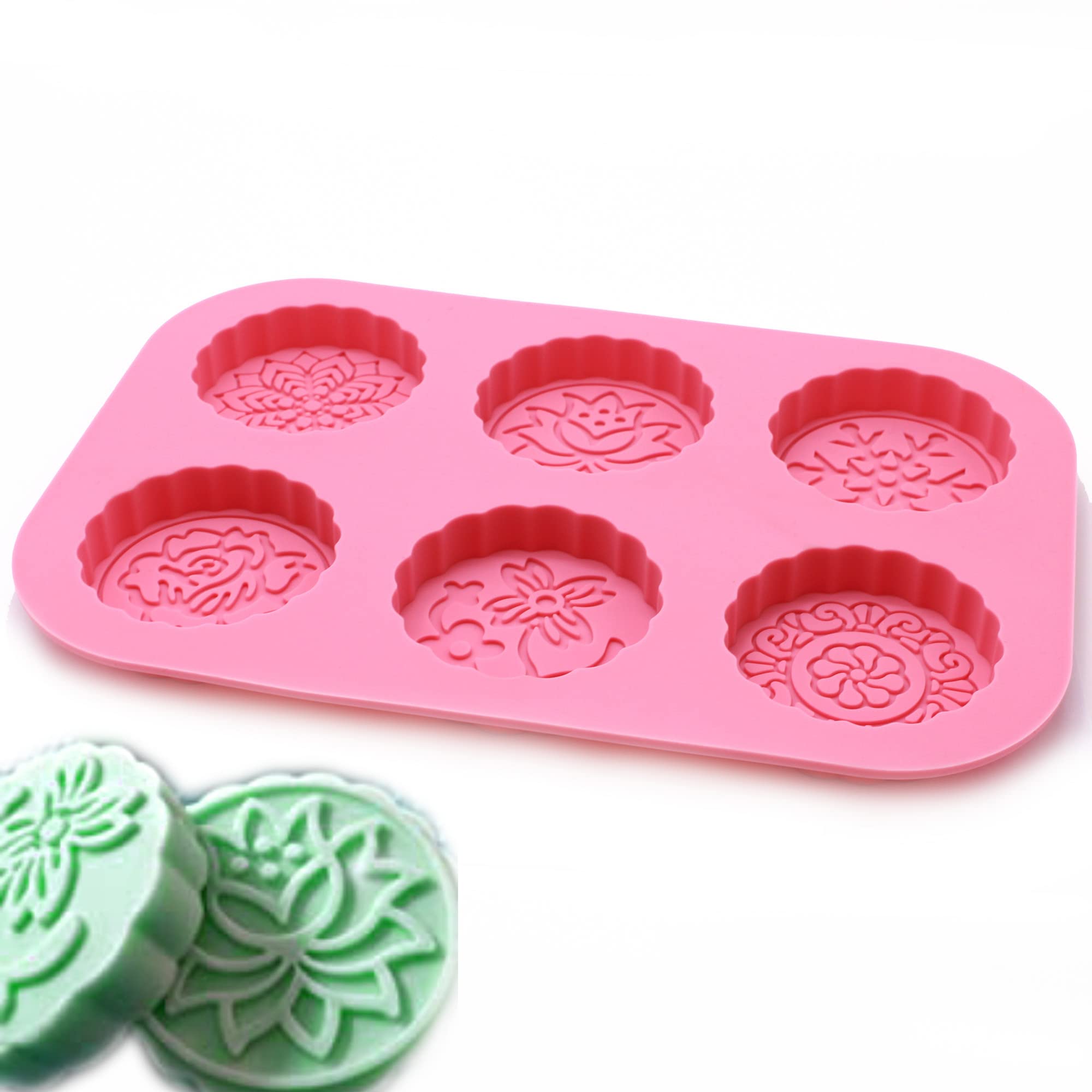 X-Haibei Round Flower Snowflake Mooncake Chocolate Lotion Bar Cookies Jello Cake Soap Silicone Mold Pan Dia. 2.5inch, 2oz per Cell